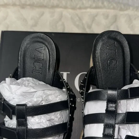 VICI 10 Celeste Black Metallic Studded Block Heel Strappy Multi Buckle Sandal - Picture 9 of 13